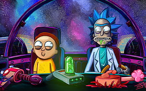Rick and Morty Space Ship Interior with Nebula Background and Sci-Fi Gadgets HD wallpaper