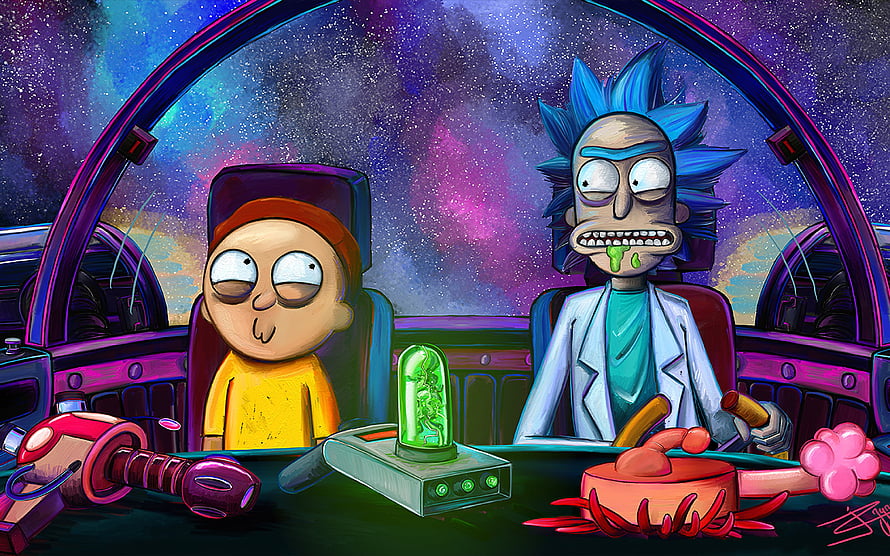Rick and Morty Space Ship Interior with Nebula Background and Sci-Fi Gadgets HD wallpaper