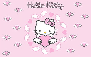 Cute Hello Kitty Holding Pink Heart with Winged Hearts on Soft Pink Background HD wallpaper