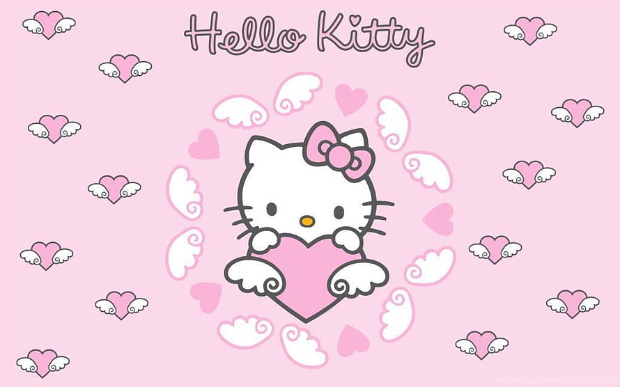 Cute Hello Kitty Holding Pink Heart with Winged Hearts on Soft Pink Background HD wallpaper