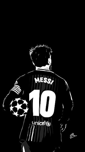 Lionel Messi Black and White Silhouette in Barcelona Number 10 Jersey with Champions League Ball HD phone wallpaper