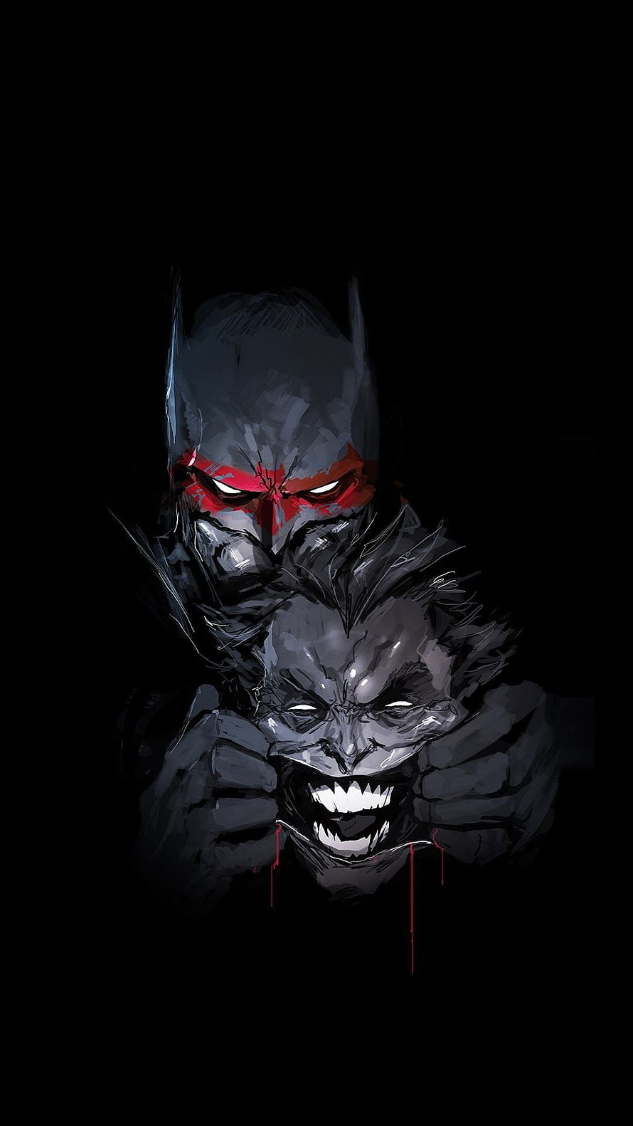 Batman and Joker Dark Digital Art Portrait with Red Accents on Black Background HD phone wallpaper