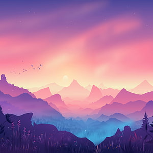 Vibrant Purple Mountain Range at Sunset with Birds and Misty Valley Digital Illustration HD phone wallpaper