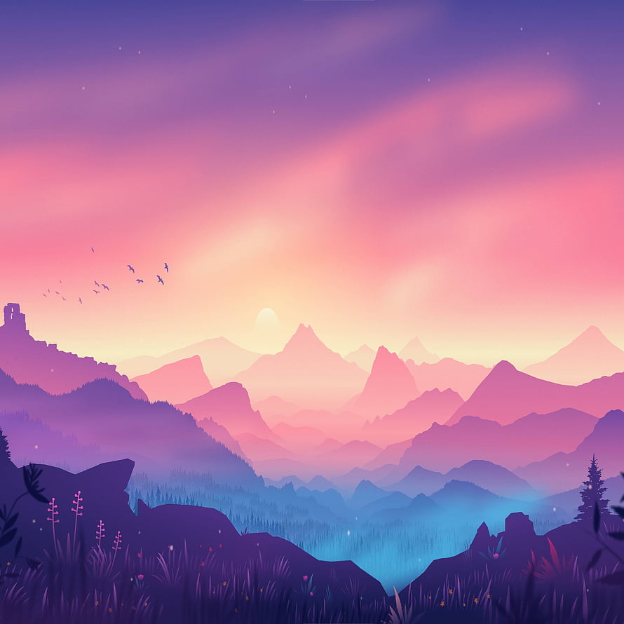 Vibrant Purple Mountain Range at Sunset with Birds and Misty Valley Digital Illustration HD phone wallpaper