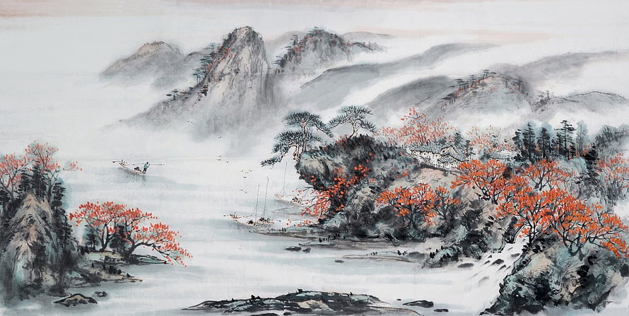 Traditional Chinese Ink Landscape with Misty Mountains and Autumn Foliage HD wallpaper