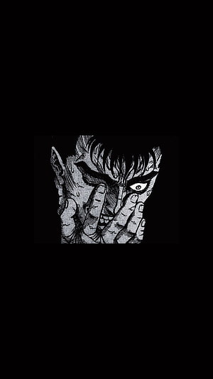 Guts from Berserk in a gritty black and white manga style with hands covering face HD phone wallpaper