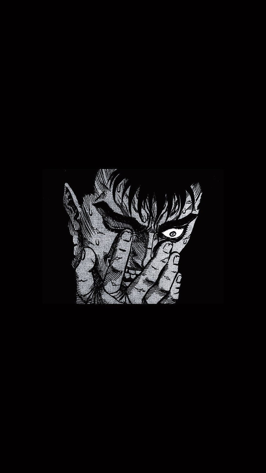 Guts from Berserk in a gritty black and white manga style with hands covering face HD phone wallpaper