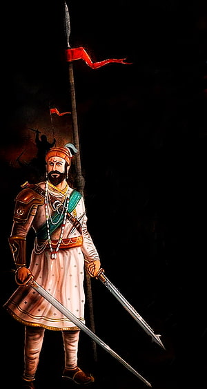 Shivaji Maharaj warrior portrait with twin swords and battle flag HD phone wallpaper