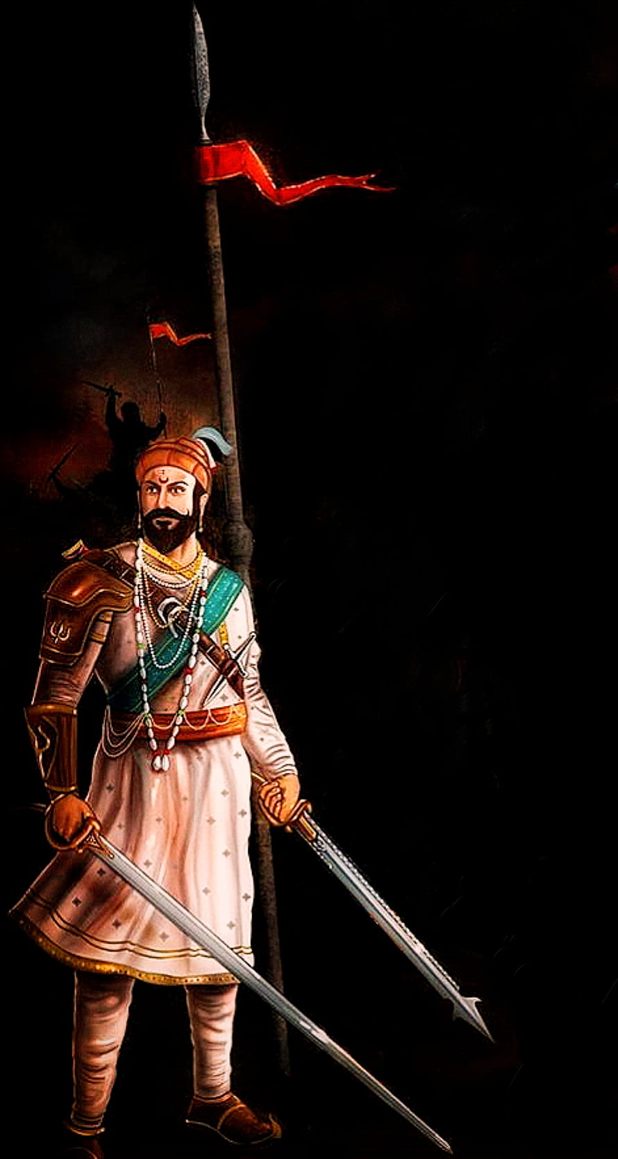 Shivaji Maharaj warrior portrait with twin swords and battle flag HD phone wallpaper
