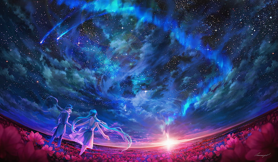 Soul Land anime couple gazing at a vibrant aurora sky over a field of pink flowers HD wallpaper