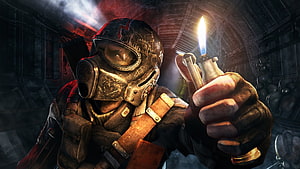 Metro 2033 Redux Soldier in Gas Mask Holding Lit Torch in Dark Underground Tunnel HD wallpaper
