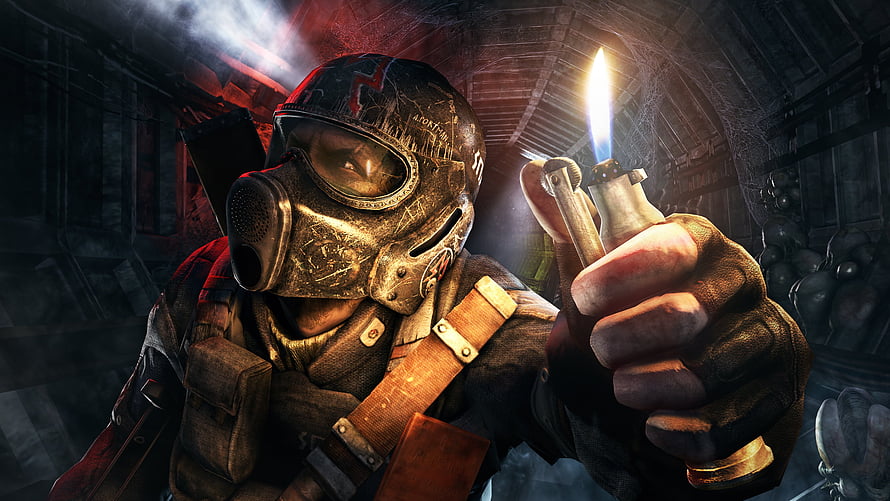 Metro 2033 Redux Soldier in Gas Mask Holding Lit Torch in Dark Underground Tunnel HD wallpaper