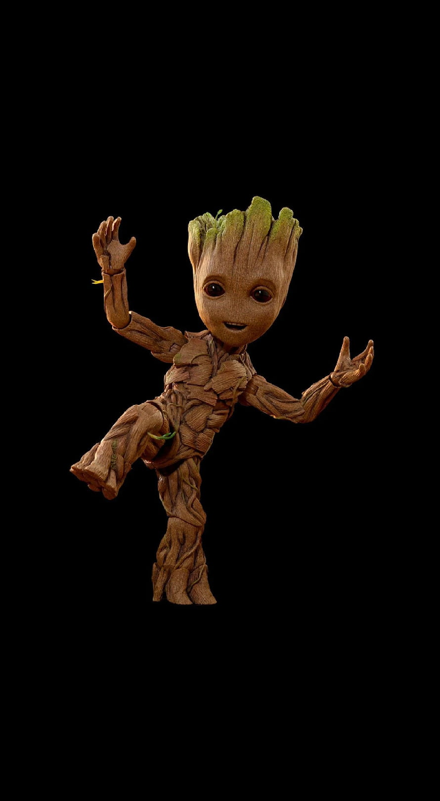 Groot from Guardians of the Galaxy in a playful pose on a black background HD phone wallpaper