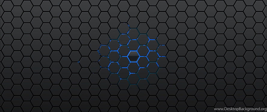 Dark Hexagonal Grid Pattern with Glowing Blue Geometric Center HD wallpaper