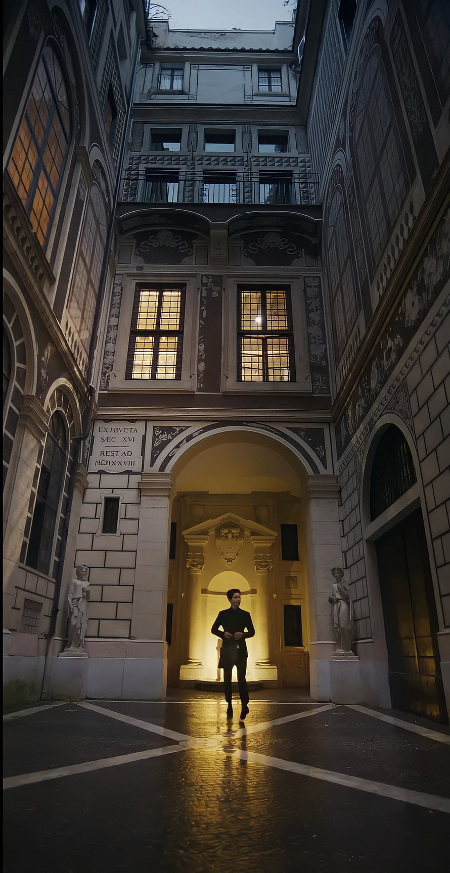 Man in Black Suit Walking Through Illuminated Historic European Courtyard at Night HD phone wallpaper