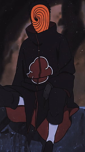 Obito Uchiha in Akatsuki Cloak with Spiral Mask and Red Cloud Emblem HD phone wallpaper
