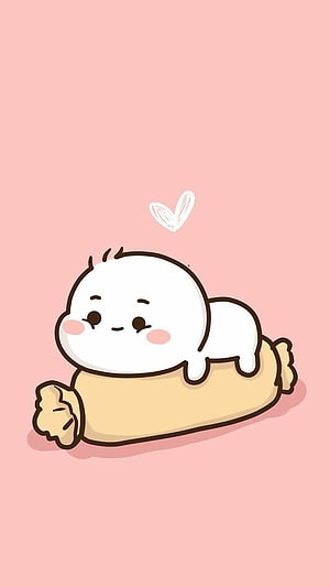 Cute Kawaii White Dumpling Character Lying on Bread with Heart on Pink Background HD phone wallpaper