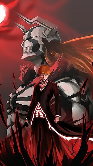 Ichigo Kurosaki and Hollow Mask in Bleach Anime Artwork HD phone wallpaper