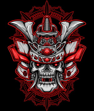 Ashura Samurai Skull Vector Art with Red and Silver Ornate Armor HD phone wallpaper