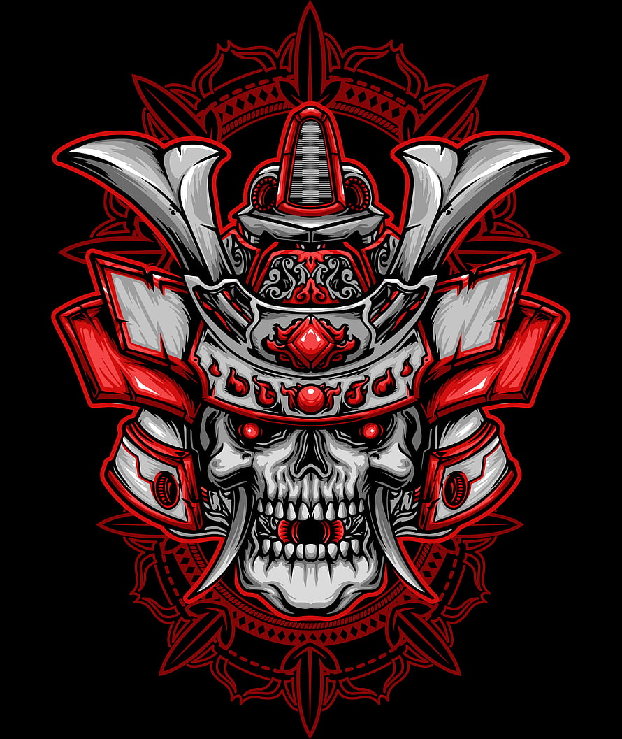 Ashura Samurai Skull Vector Art with Red and Silver Ornate Armor HD phone wallpaper