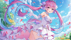 Minato Aqua in Elegant White Gown with Flowing Pink and Blue Hair Under a Bright Sky HD wallpaper