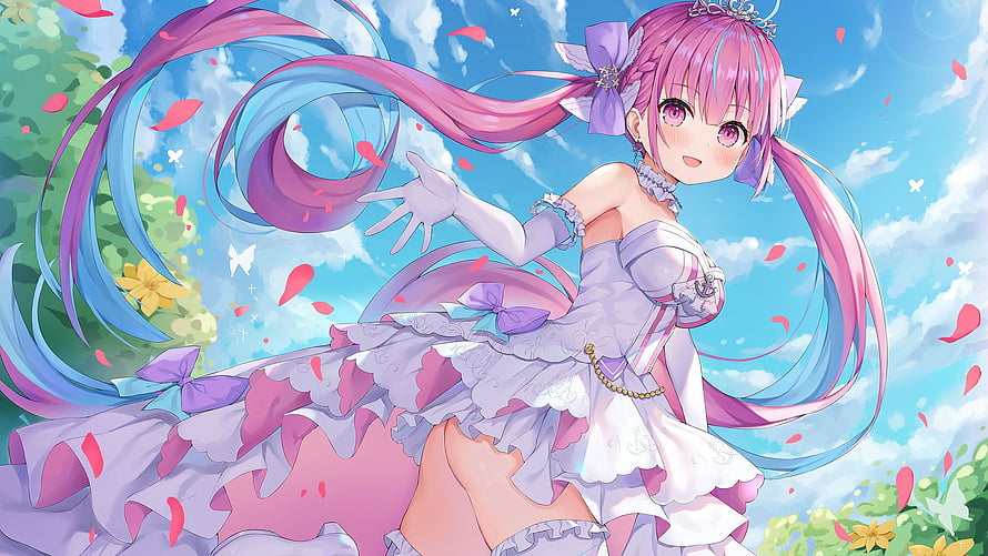 Minato Aqua in Elegant White Gown with Flowing Pink and Blue Hair Under a Bright Sky HD wallpaper