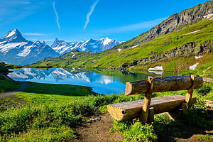 Bachalpsee Lake Switzerland Alpine Landscape with Wooden Bench and Snow-Capped Mountain Reflections HD wallpaper