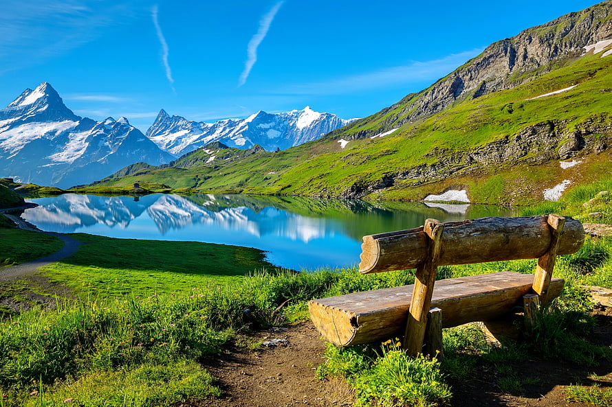 Bachalpsee Lake Switzerland Alpine Landscape with Wooden Bench and Snow-Capped Mountain Reflections HD wallpaper