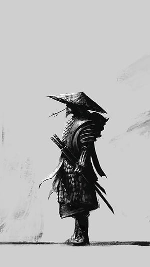 Monochrome Samurai Warrior in Traditional Armor with Wide-Brimmed Hat and Dual Swords HD phone wallpaper