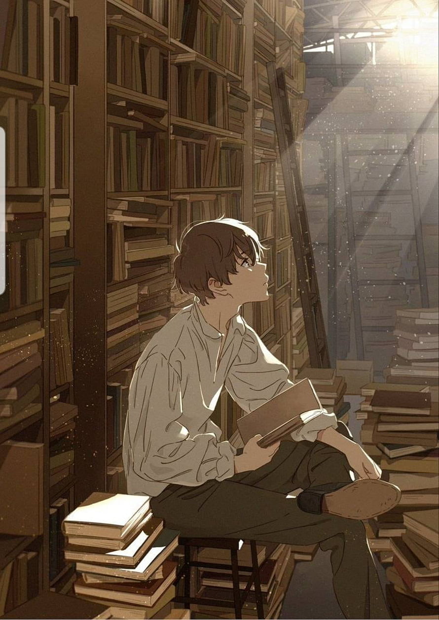 Anime Boy Sitting in a Sunlit Library Aisle Holding a Book HD phone wallpaper