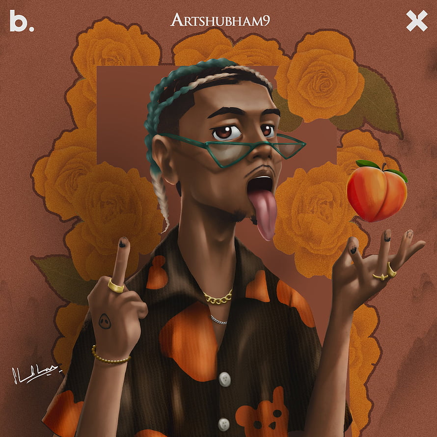 Digital Portrait of MC Stan with Braided Hair, Green Glasses, and a Floating Peach Against a Floral Background HD phone wallpaper