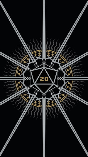 D&D D20 Die with Radiant Sunburst Design in Gold and Silver on Black Background HD phone wallpaper