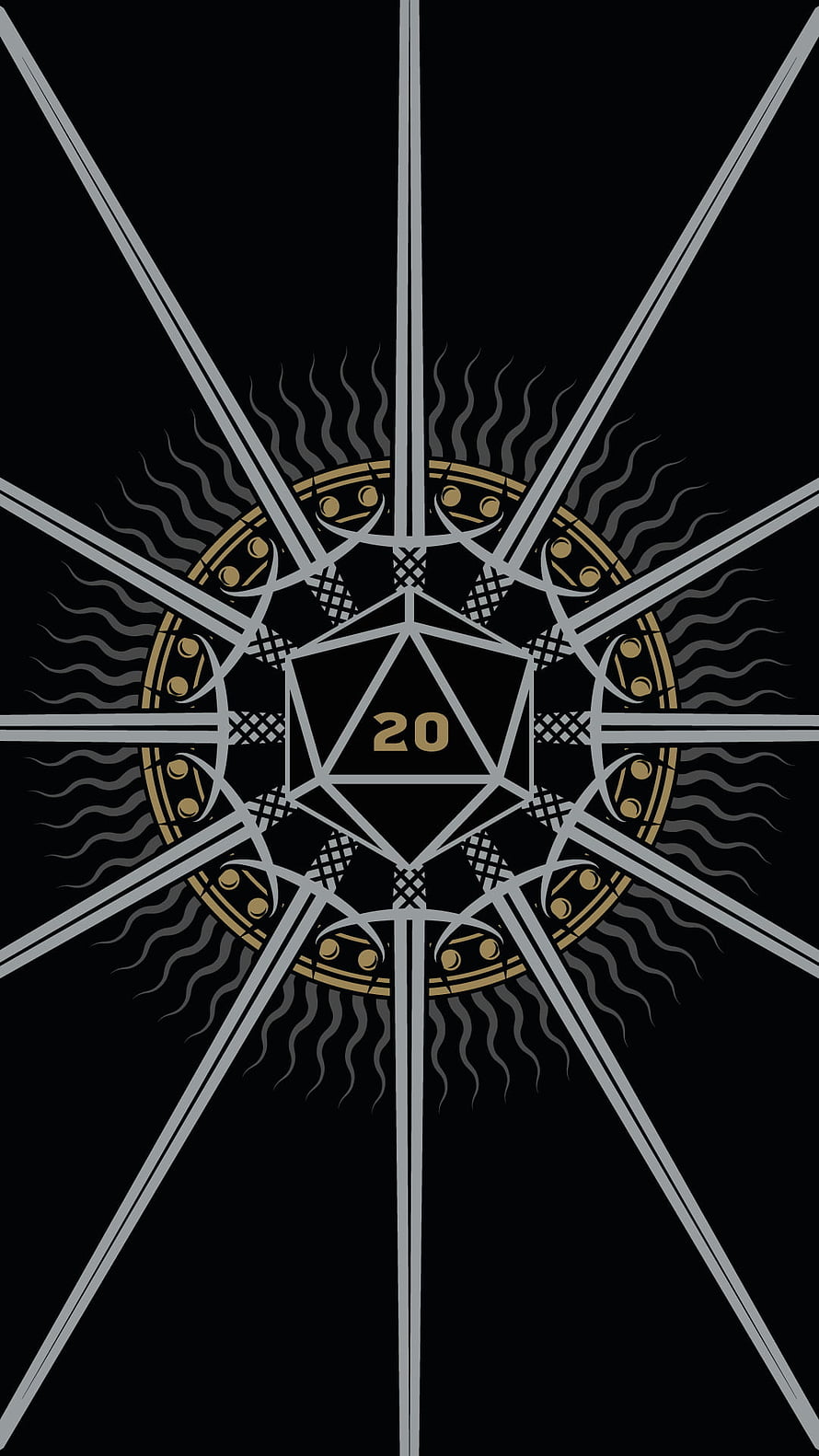 D&D D20 Die with Radiant Sunburst Design in Gold and Silver on Black Background HD phone wallpaper