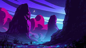 Neon Purple Mountain Landscape with Crescent Moon and Silhouetted Wanderer HD wallpaper
