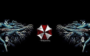 Resident Evil Umbrella Corporation Logo with Zombie Hands Reaching from Darkness HD wallpaper