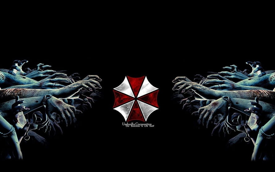 Resident Evil Umbrella Corporation Logo with Zombie Hands Reaching from Darkness HD wallpaper
