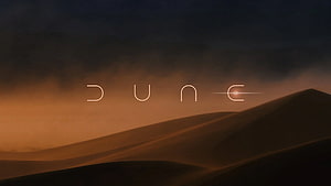 Dune 2021 Desert Dunes at Dusk with Minimalist Logo and Warm Orange Sky HD wallpaper