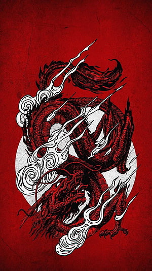 Japanese Red Dragon Illustration with White Clouds and Moon on Textured Red Background HD phone wallpaper