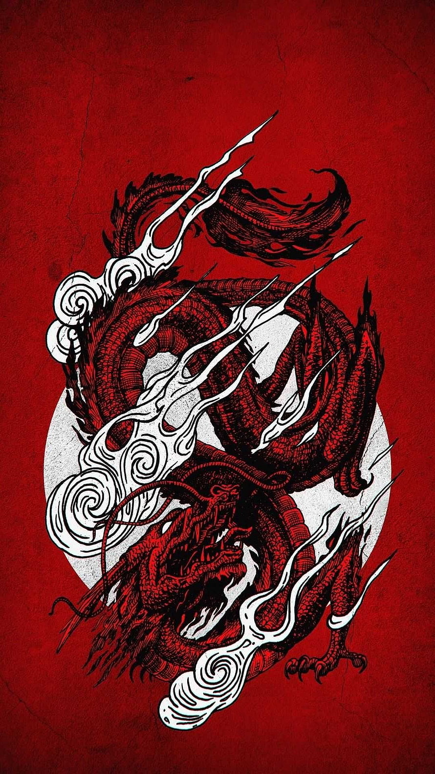 Japanese Red Dragon Illustration with White Clouds and Moon on Textured Red Background HD phone wallpaper