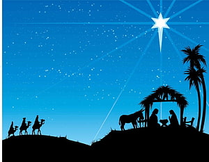 Silhouette Nativity Scene with Star of Bethlehem and Wise Men on a Hill HD wallpaper