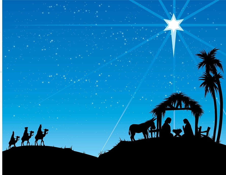 Silhouette Nativity Scene with Star of Bethlehem and Wise Men on a Hill HD wallpaper