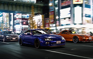 Nissan Skyline GT-R, Toyota Supra, and Mazda RX-7 Racing Through a Neon-Lit Japanese City at Night HD wallpaper