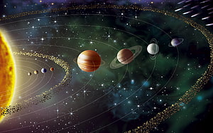 Illustrated Solar System with Planets, Asteroid Belt, and Starry Nebula Background HD wallpaper