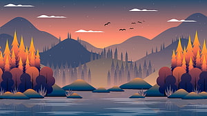Minimalist Vector Landscape of Autumn Forest and Lake at Sunset HD wallpaper