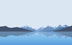 Minimalist 2D Vector Landscape with Snow-Capped Mountains and Calm Lake Reflection HD wallpaper
