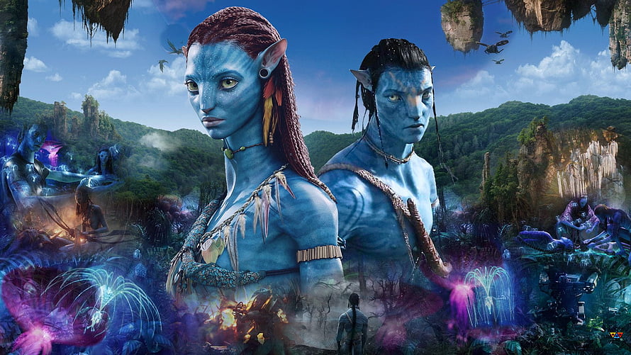 Avatar Pandora Na'vi Characters Floating Mountains Bioluminescent Jungle Fantasy Landscape HD wallpaper