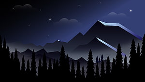 Dark Night Mountain Landscape with Pine Tree Silhouettes and Starry Sky Digital Art HD wallpaper