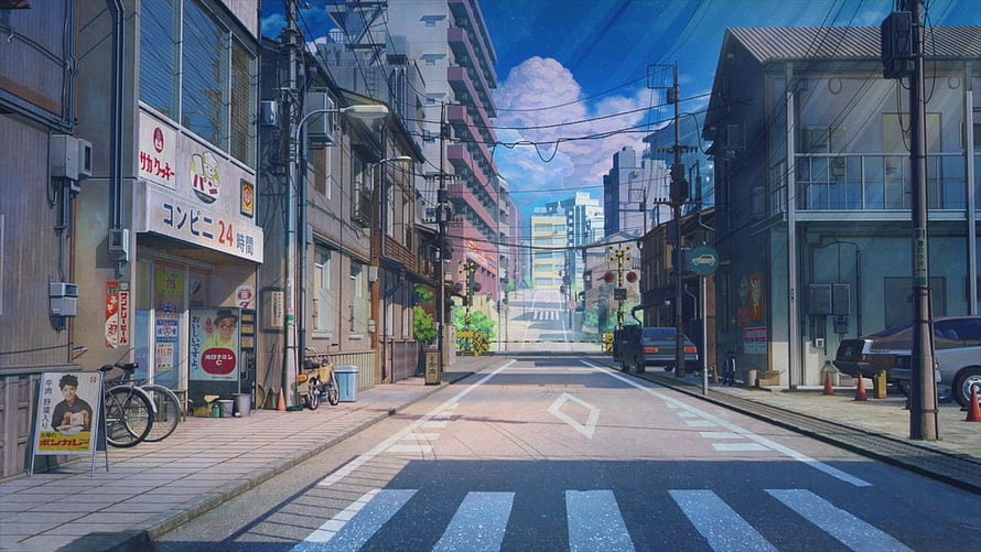 Sunny Japanese Street Scene with Convenience Store and Crosswalk in Anime Style HD wallpaper