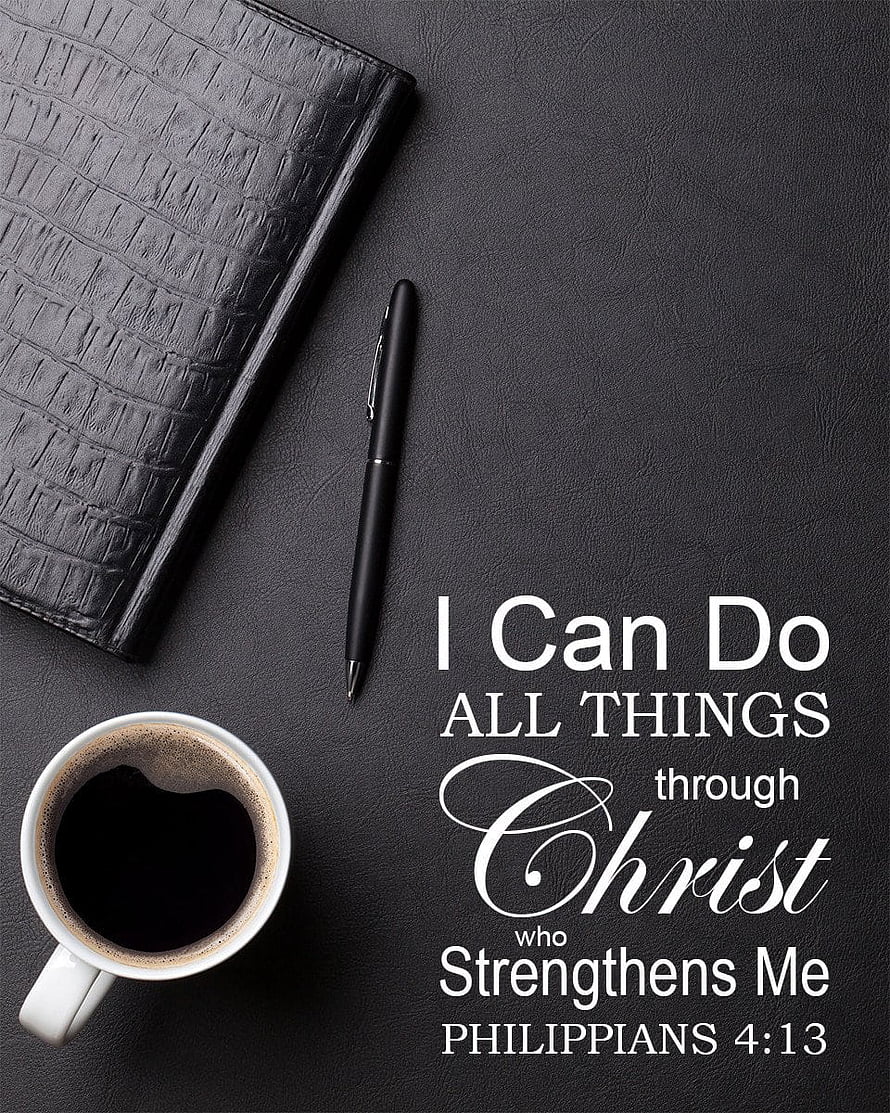 Philippians 4:13 Bible Verse with Coffee and Journal on Dark Leather Surface HD phone wallpaper