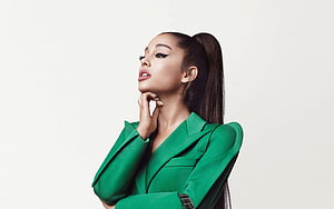 Ariana Grande in Emerald Green Blazer with High Ponytail and Dramatic Makeup HD wallpaper